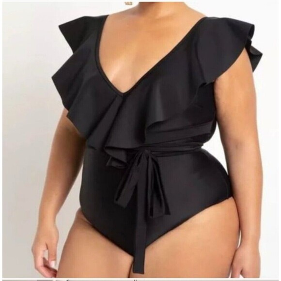 Eloquii Other - ELOQUII BLACK DRAMA RUFFLE SHOULDER WITH BELT ONE PIECE SWIMSUIT SIZE 26 plus si